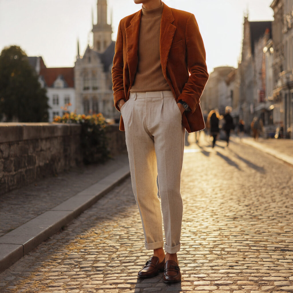 22 Best European Fall Outfits Ideas for a Sophisticated Wardrobe 11 Corduroy Blazers and Ribbed Mock Neck Tops