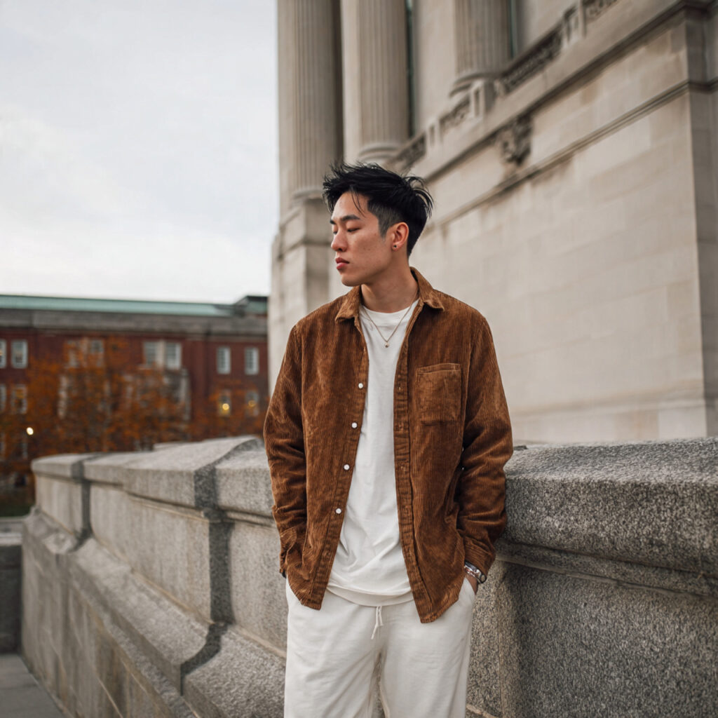 22 Best Fall Transition Outfits Ideas for Effortless Summer-to-Autumn Style 9 Corduroy Button Down and White Tee