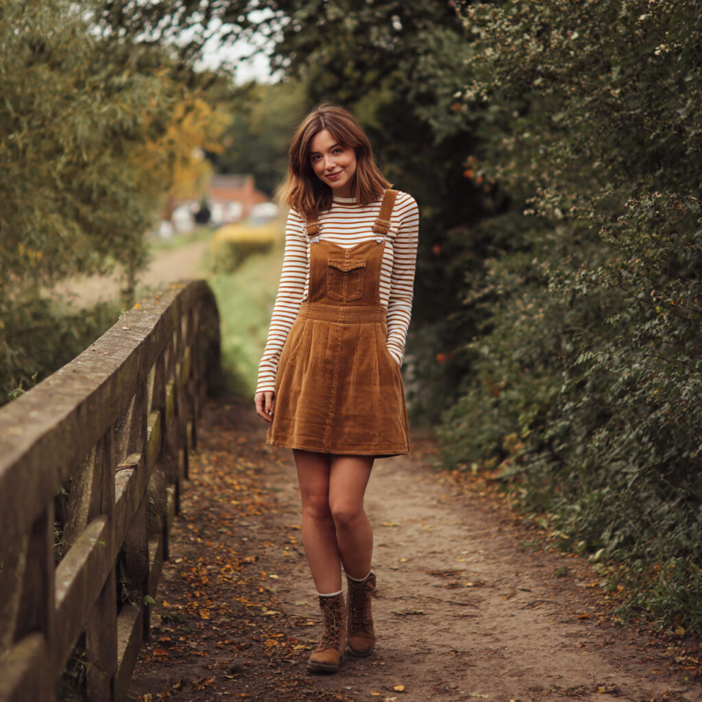 Corduroy Pinafore Dress Over a Striped Long Sleeve