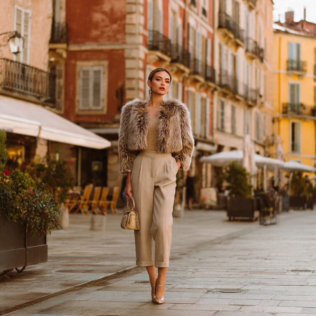 22 Best European Fall Outfits Ideas for a Sophisticated Wardrobe 21 Cropped Faux Fur Jackets with High Waisted Pants