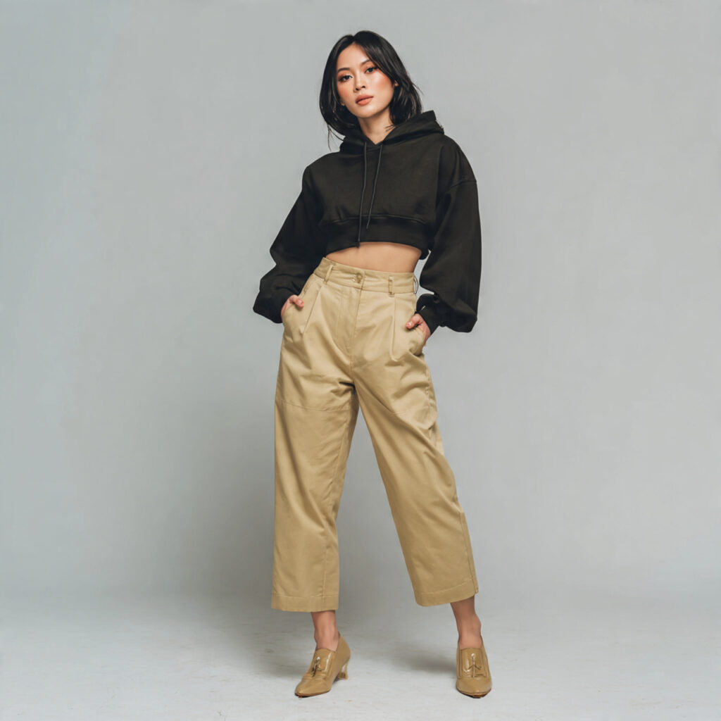 22 Best Fall Transition Outfits Ideas for Effortless Summer-to-Autumn Style 18 Cropped Hoodie with High Waisted Chinos