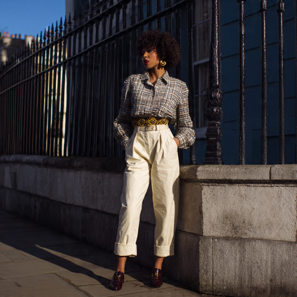 Cropped Tweed Jackets with High Waisted Chinos