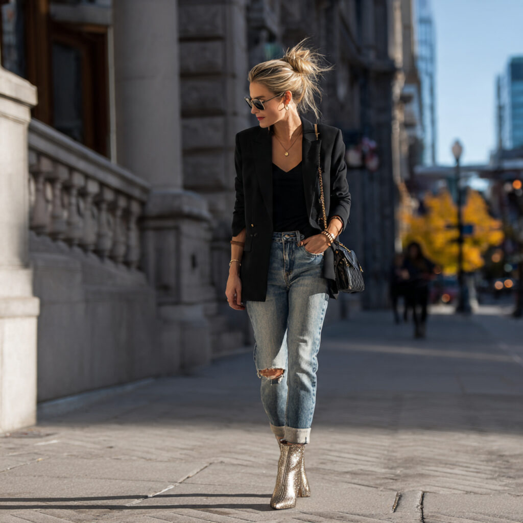 Dark Wash Denim with Pointed Toe Booties and Blazers