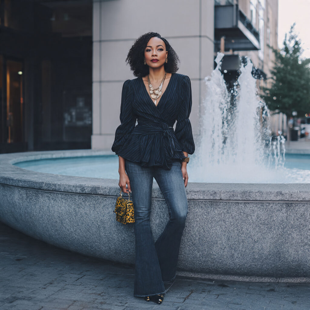 Dark Wash Flare Jeans with Peplum Wrap Top