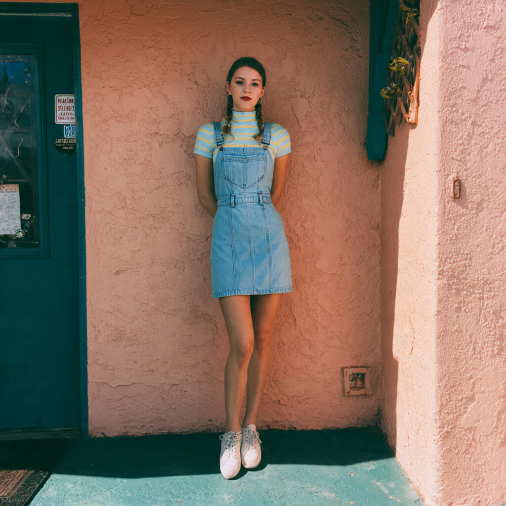 Denim Overall Dress with Pastel Mock Neck Top