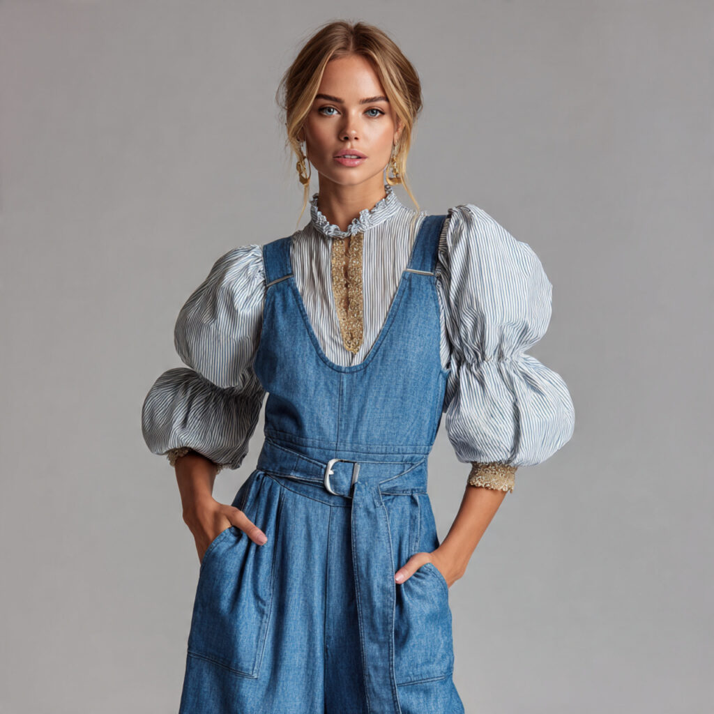 Denim Skirtall Jumpsuits with Puff Sleeve Blouses