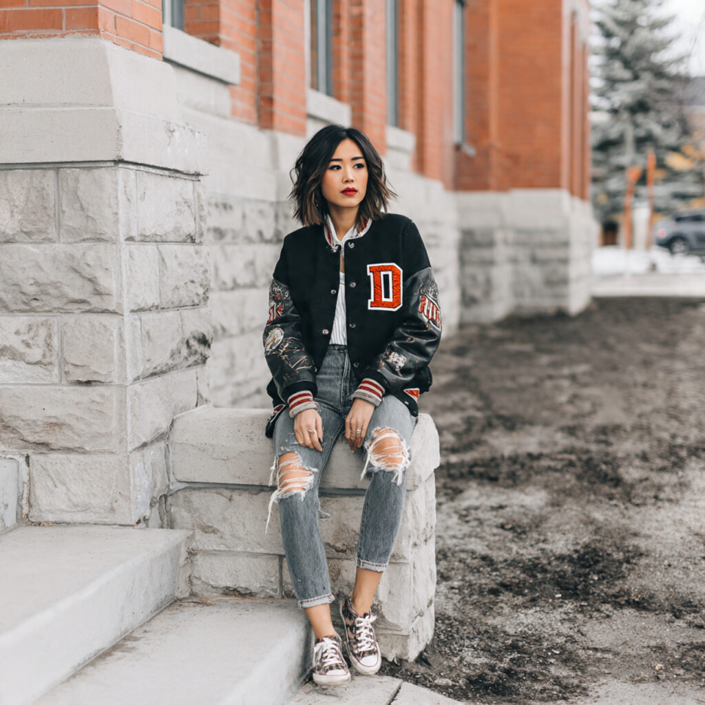 Distressed Boyfriend Jeans and Varsity Letterman Jacket