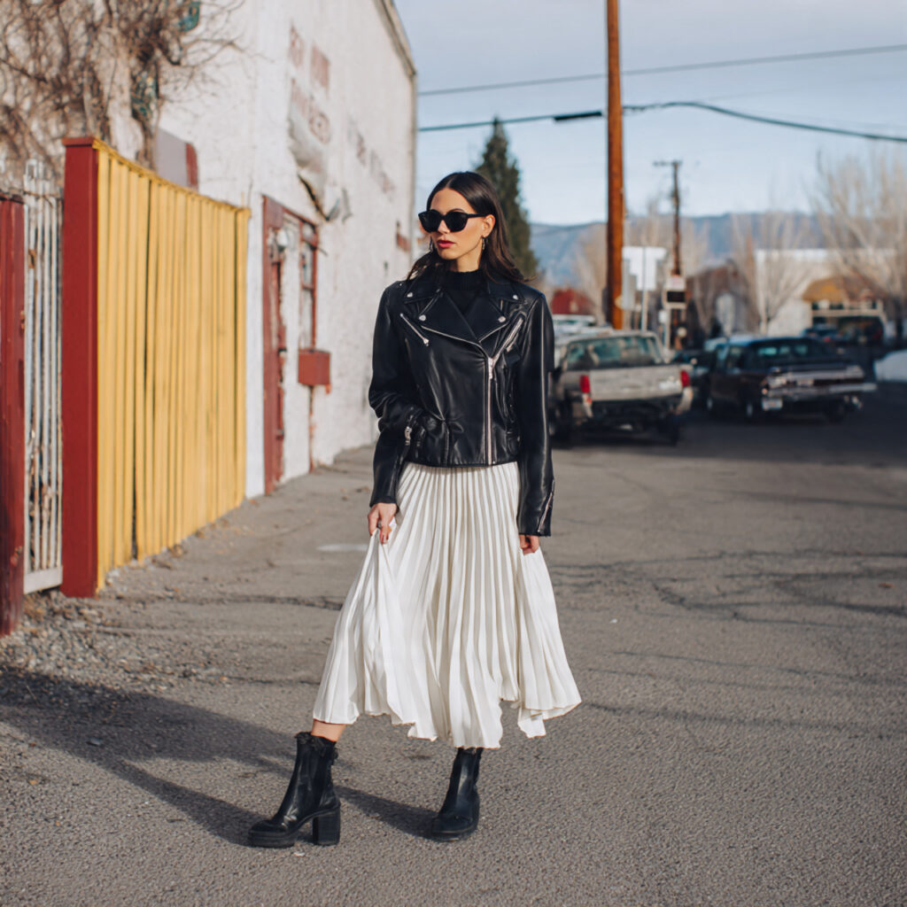 Edgy Moto Jacket and Pleated Skirt