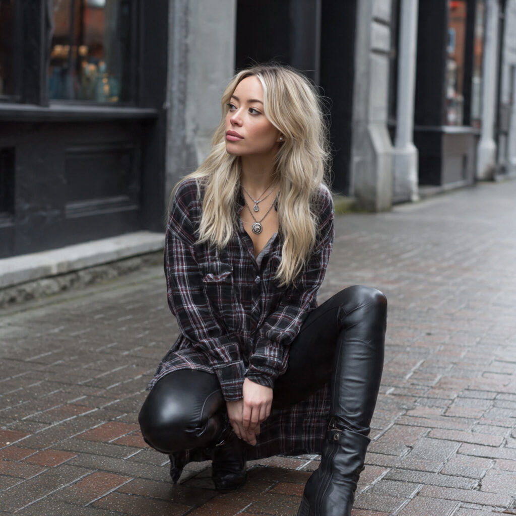 Faux Leather Leggings and Longline Flannel Shirt