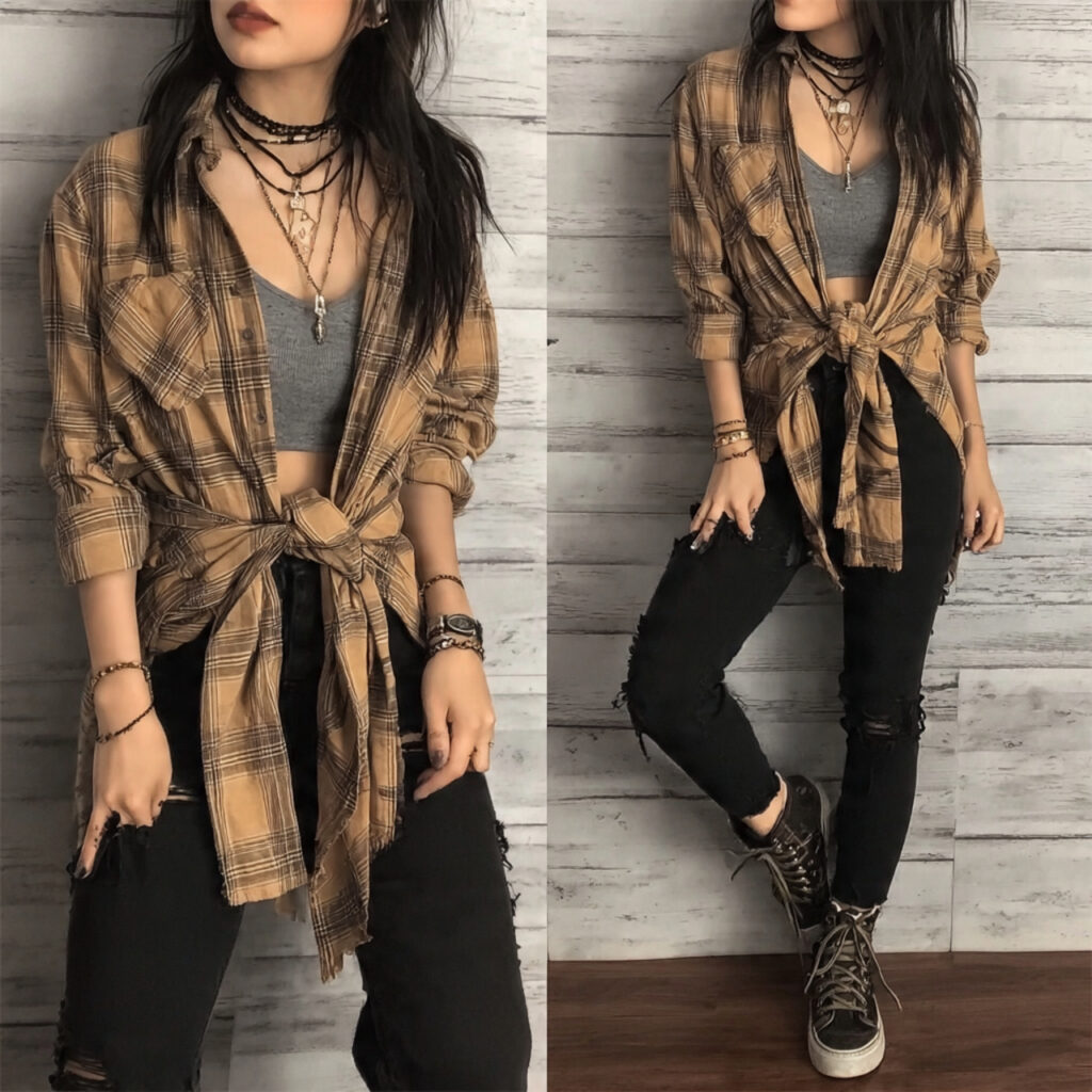 22 Best Fall Transition Outfits Ideas for Effortless Summer-to-Autumn Style 13 Flannel Shirt Tied Around Waist with Leggings