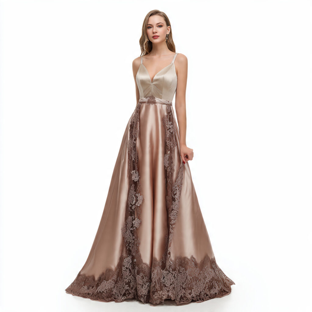 Floor Length Satin Gowns with Lace Trim