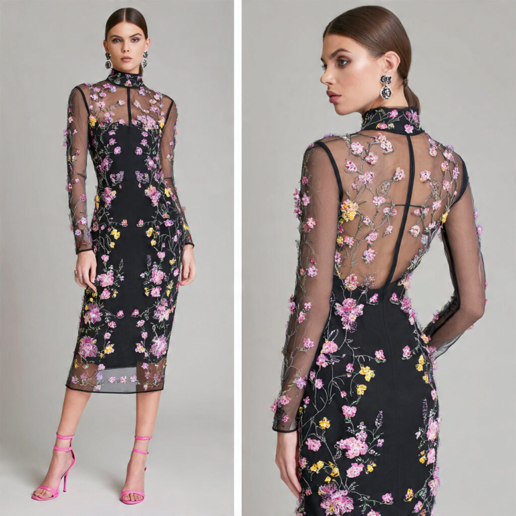 Floral Embroidery Mesh Midi