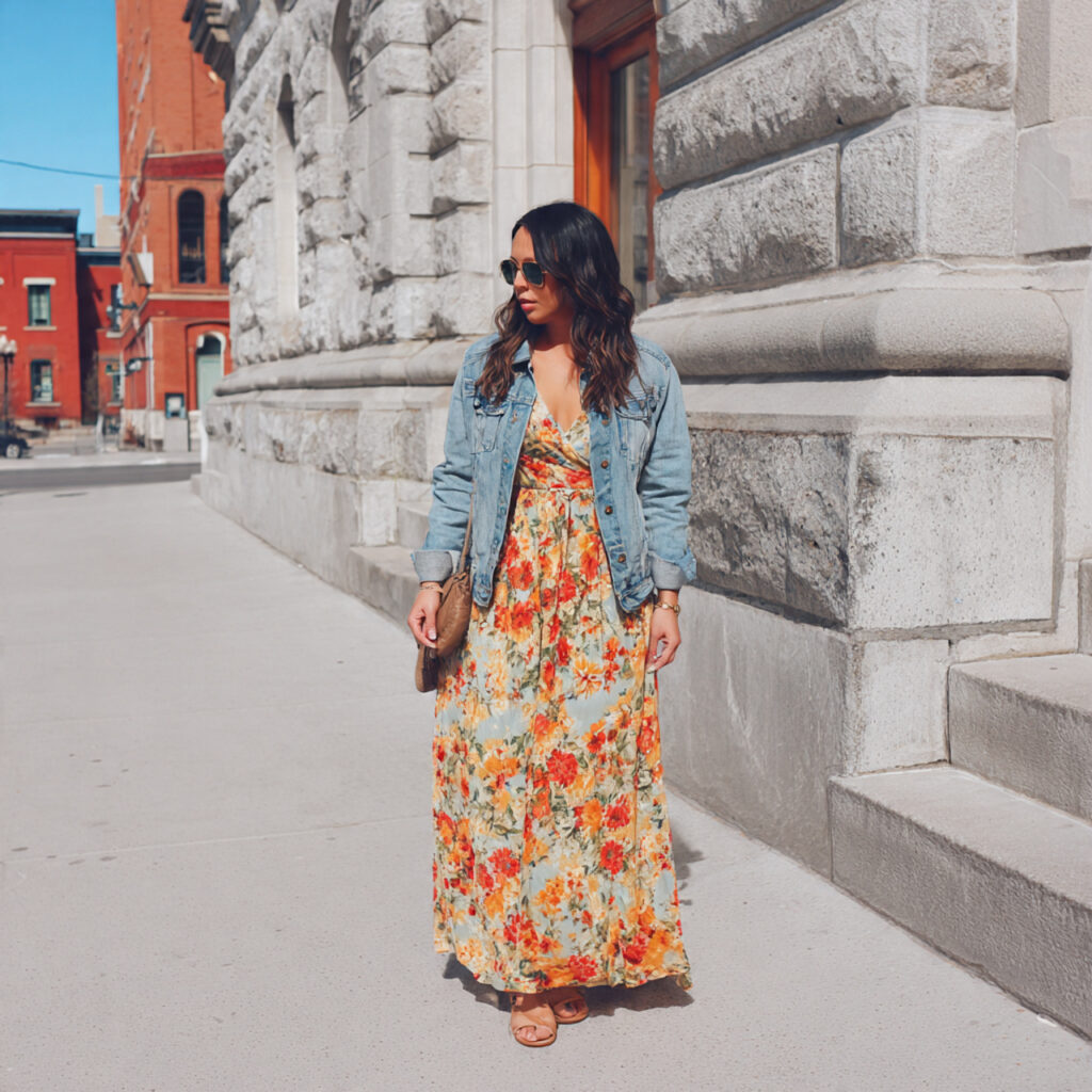Floral Maxi Dress with Cropped Denim Jacket