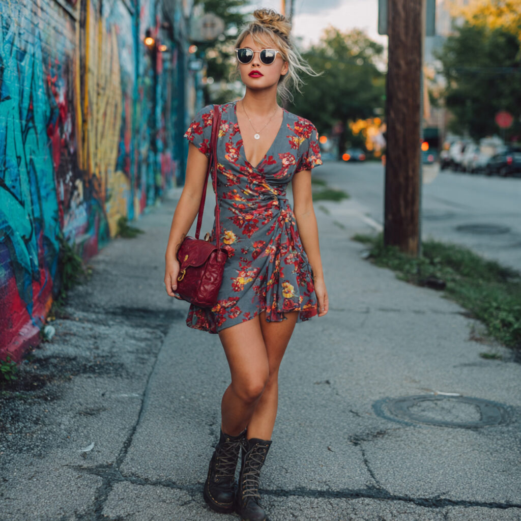 Floral Wrap Dress Combined with Combat Boots