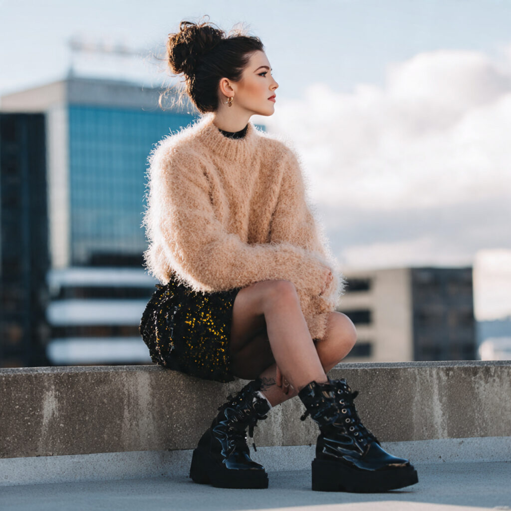 Fuzzy Sweaters with Patent Leather Boots