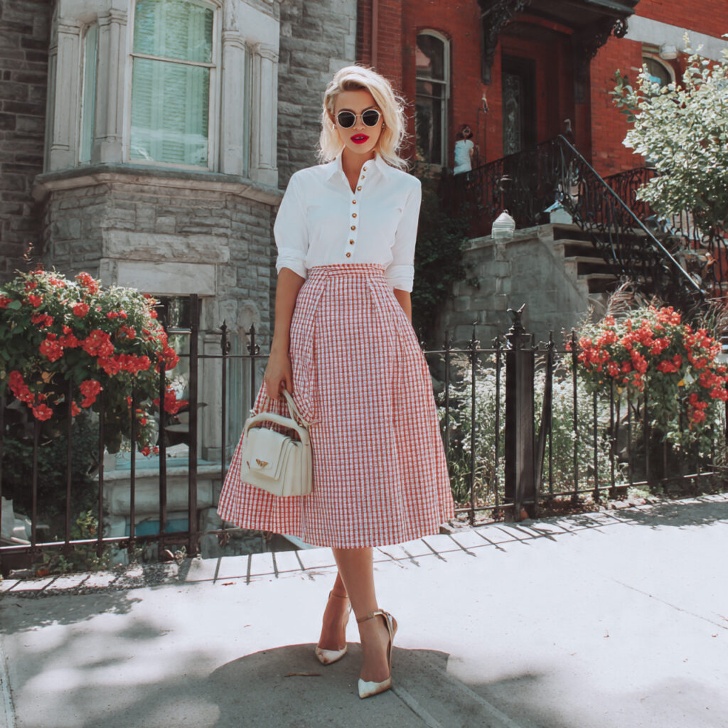 Gingham Print Midi Skirt with White Button Down