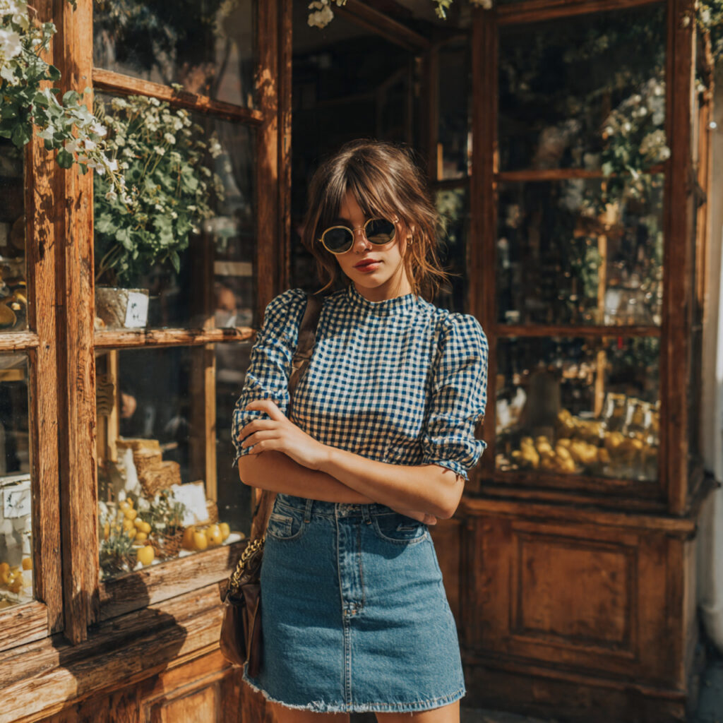 Gingham Print Top and Denim Skirt
