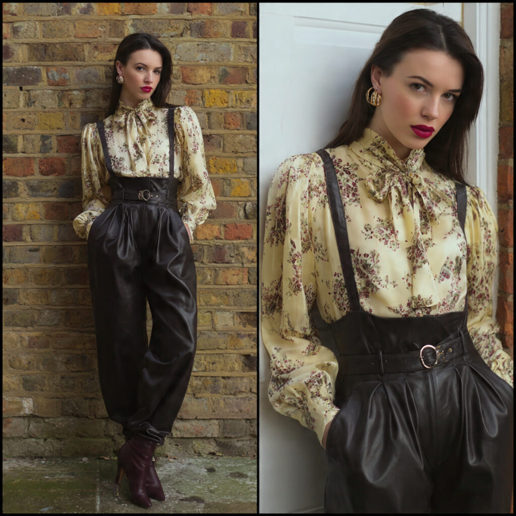 High Waisted Leather Trousers and Silk Blouse