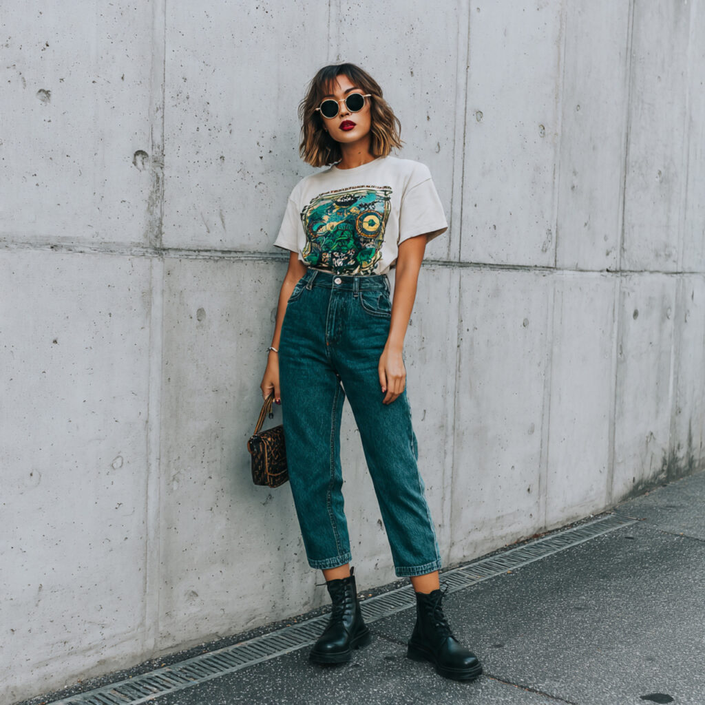 High Waisted Mom Jeans with Cropped Graphic Tee