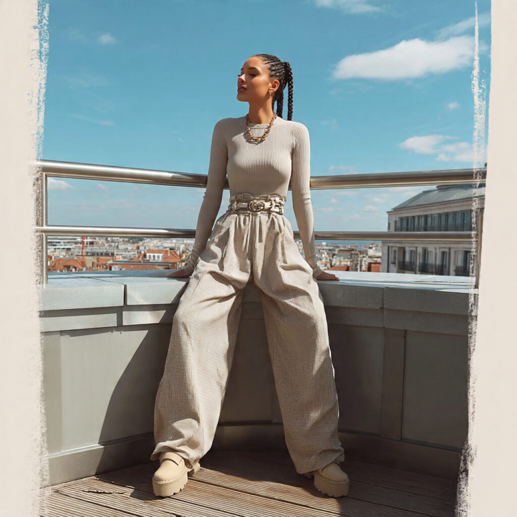 High Waisted Wide Leg Trousers with Ribbed Bodysuit