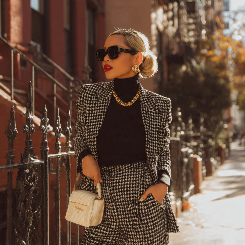 22 Best European Fall Outfits Ideas for a Sophisticated Wardrobe 15 Houndstooth Blazers and Turtleneck Bodysuits