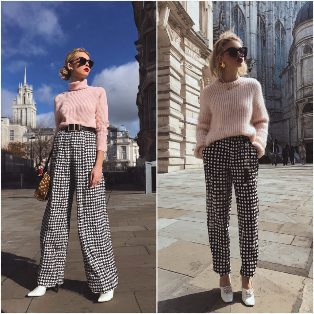 Houndstooth Patterned Trousers and Cashmere Pullovers