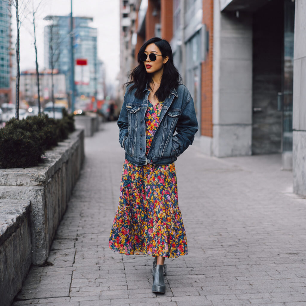 Layered Midi Dress with Denim Jacket