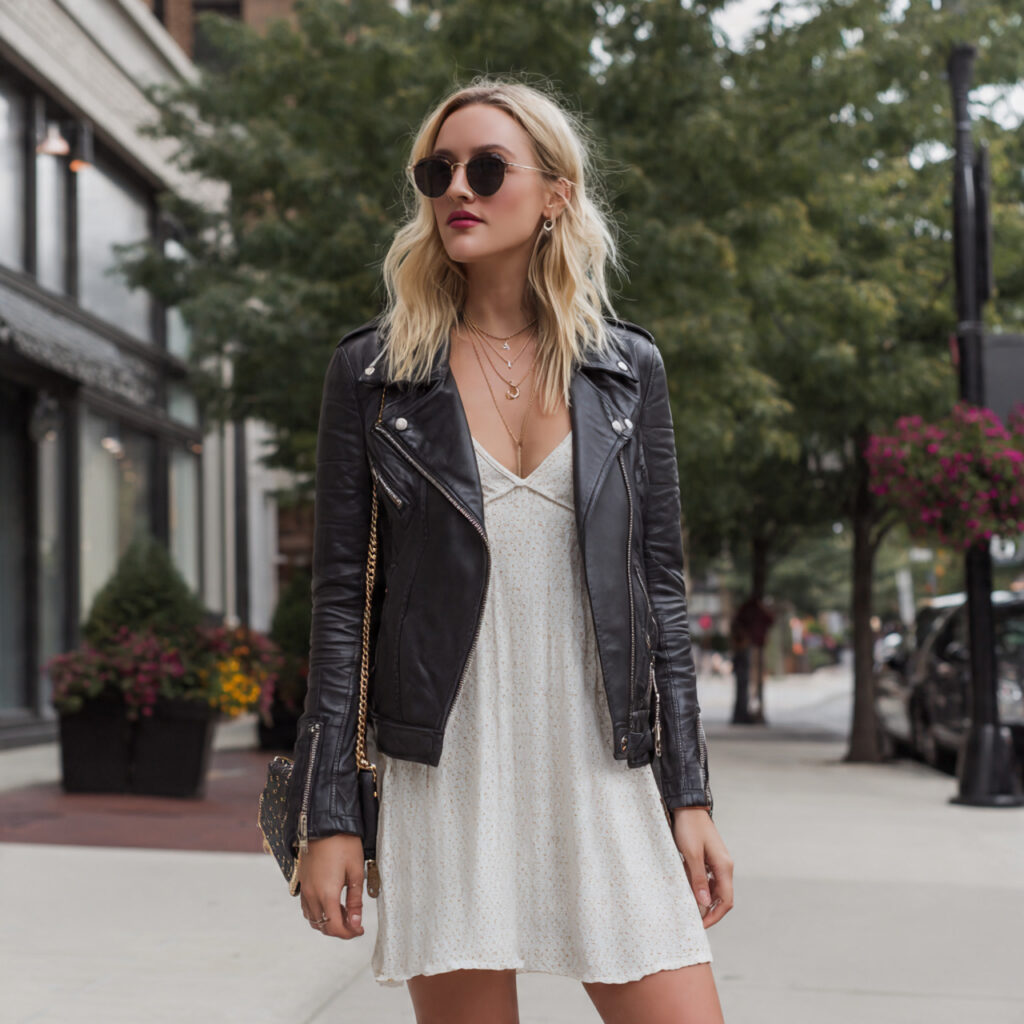 Leather Biker Jacket Over a Slip Dress