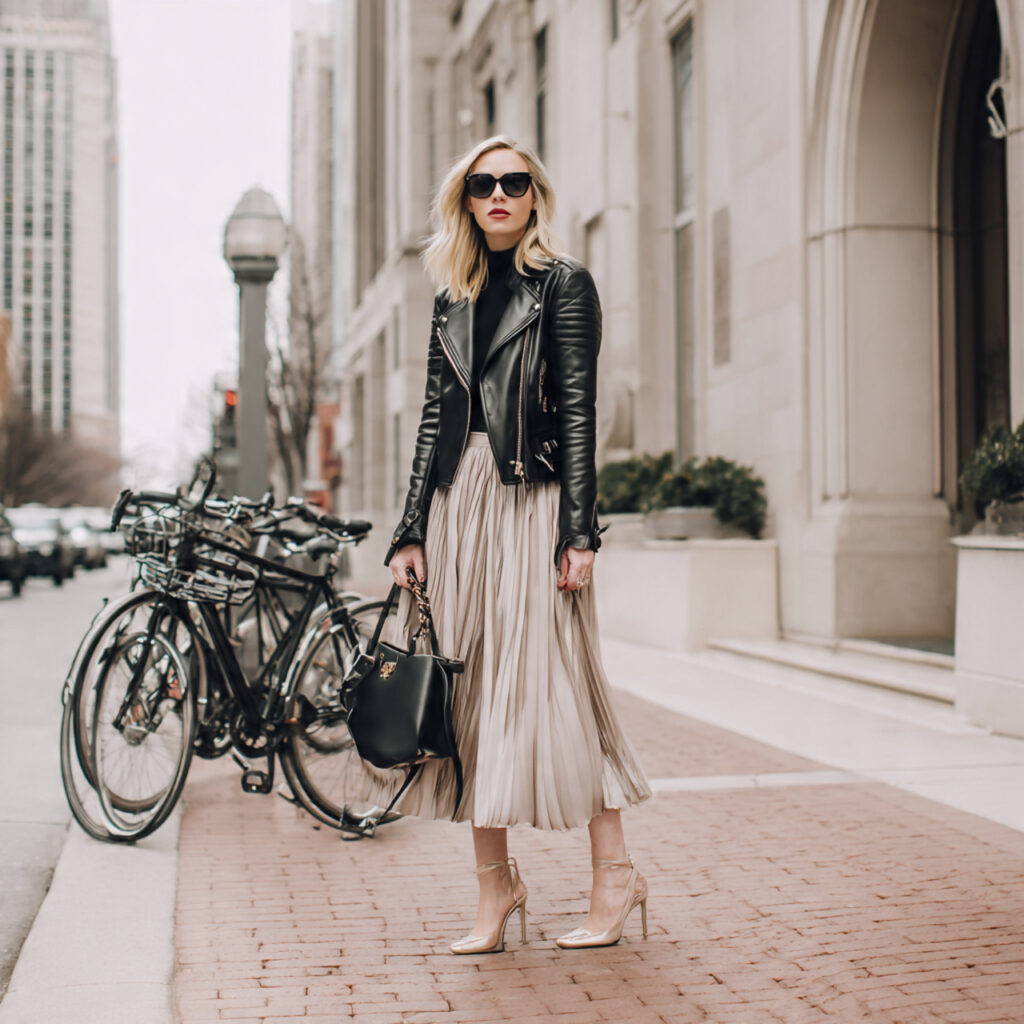 22 Best Fall Transition Outfits Ideas for Effortless Summer-to-Autumn Style 5 Leather Moto Jacket and Pleated Midi Skirt