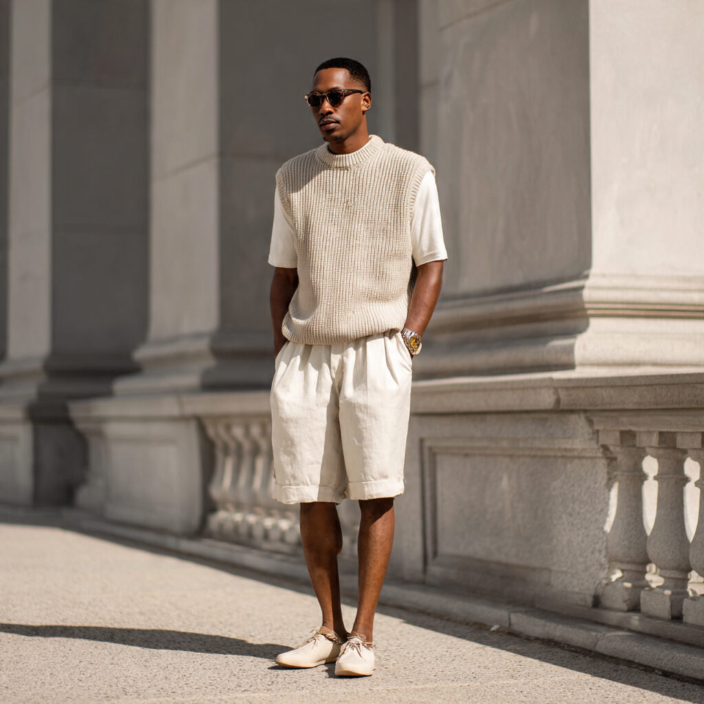 22 Best Fall Transition Outfits Ideas for Effortless Summer-to-Autumn Style 10 Lightweight Sweater Vest and Bermuda Shorts