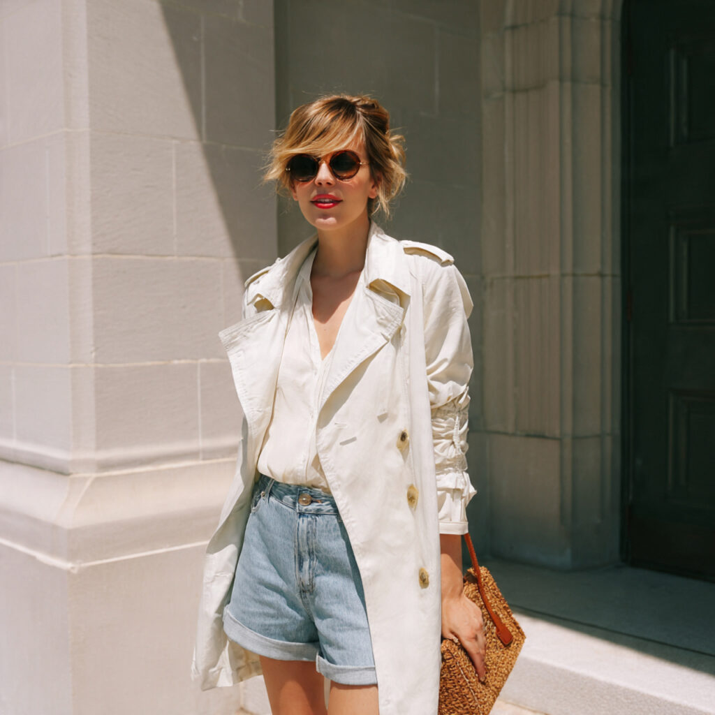 22 Best Fall Transition Outfits Ideas for Effortless Summer-to-Autumn Style 1 Lightweight Trench Coat and Denim Shorts
