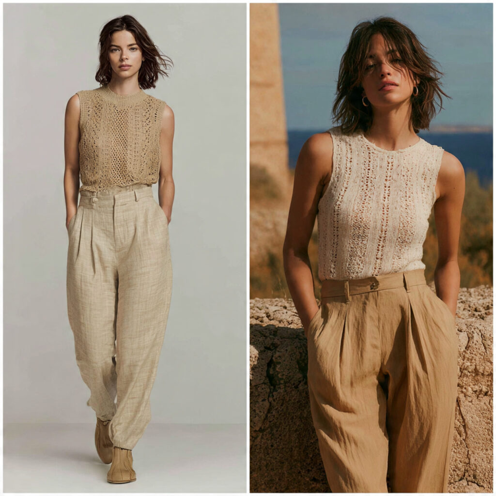 Linen Blend Trousers and Pointelle Knit Tops