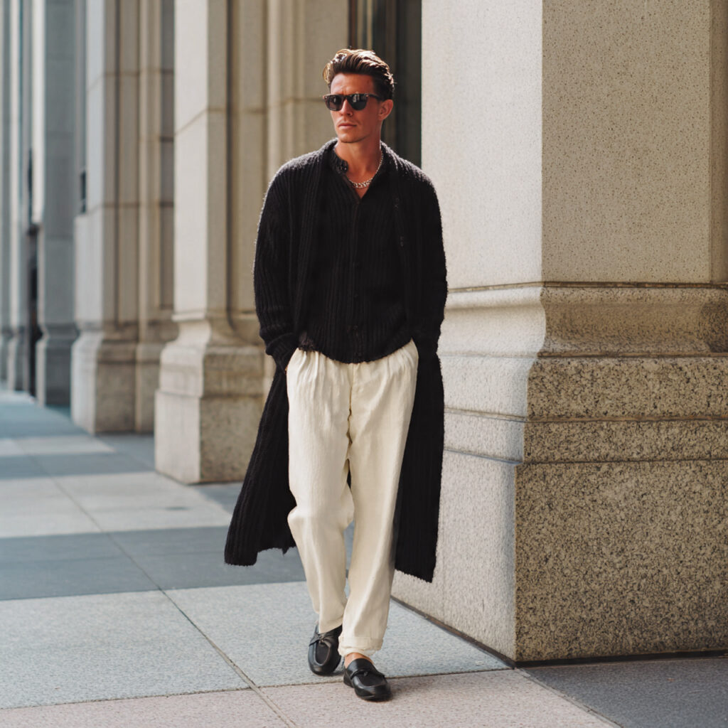 Longline Cardigan Layers over Slim Fit Slacks