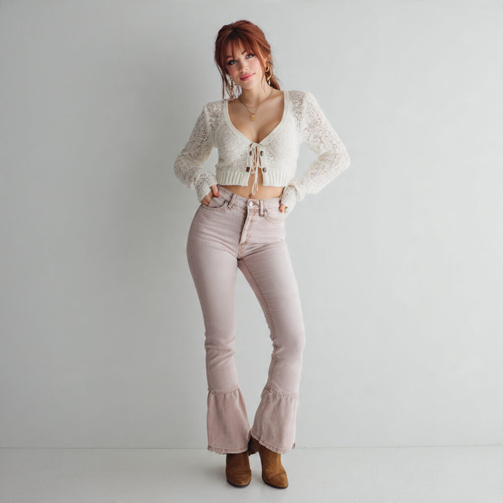 Low Rise Flare Jeans with Cropped Cardigans