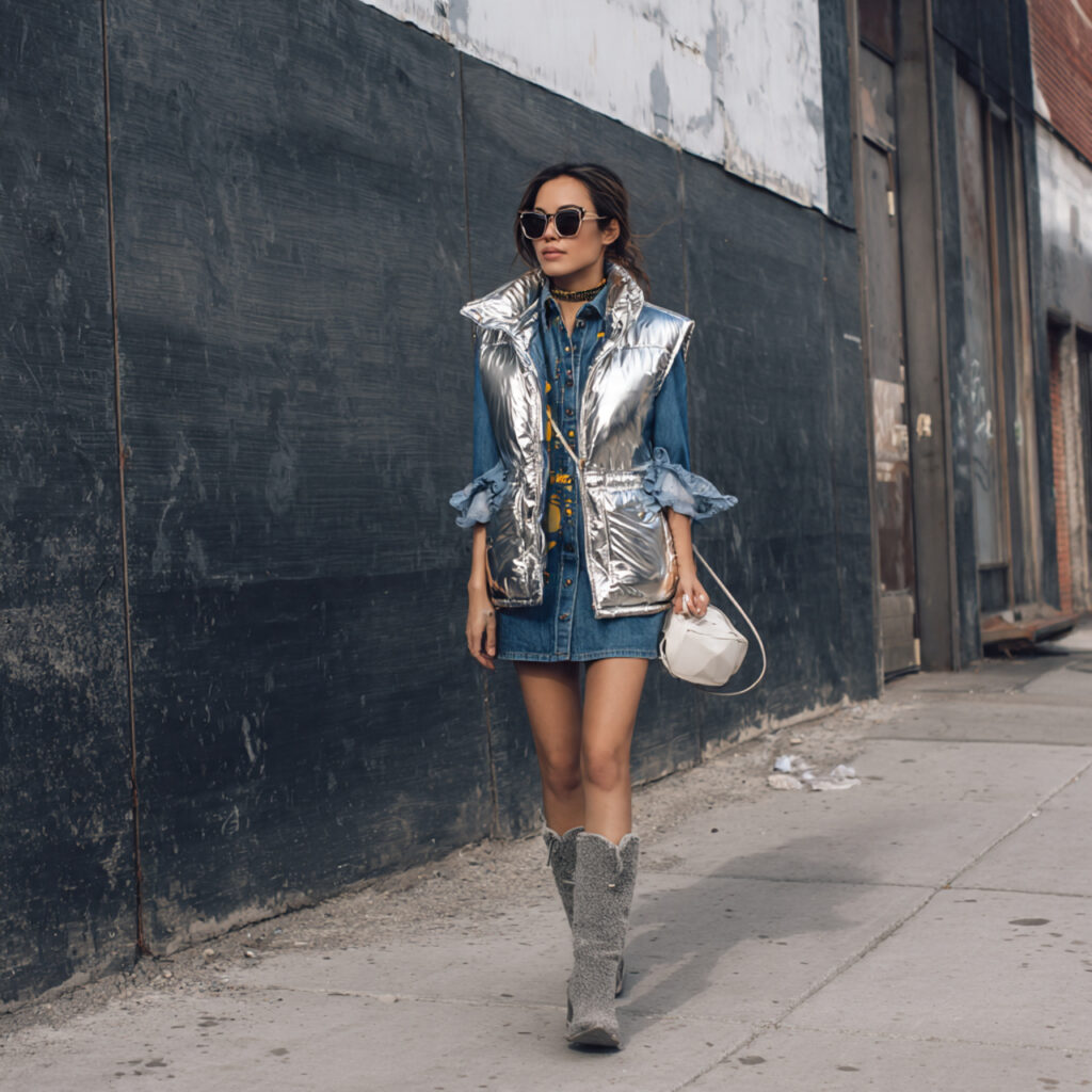 Metallic Silver Puffer Vests and Denim Skirts