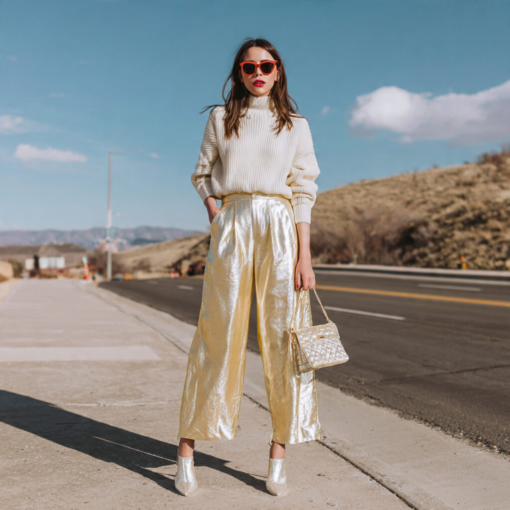 Metallic Wide Leg Pant Look
