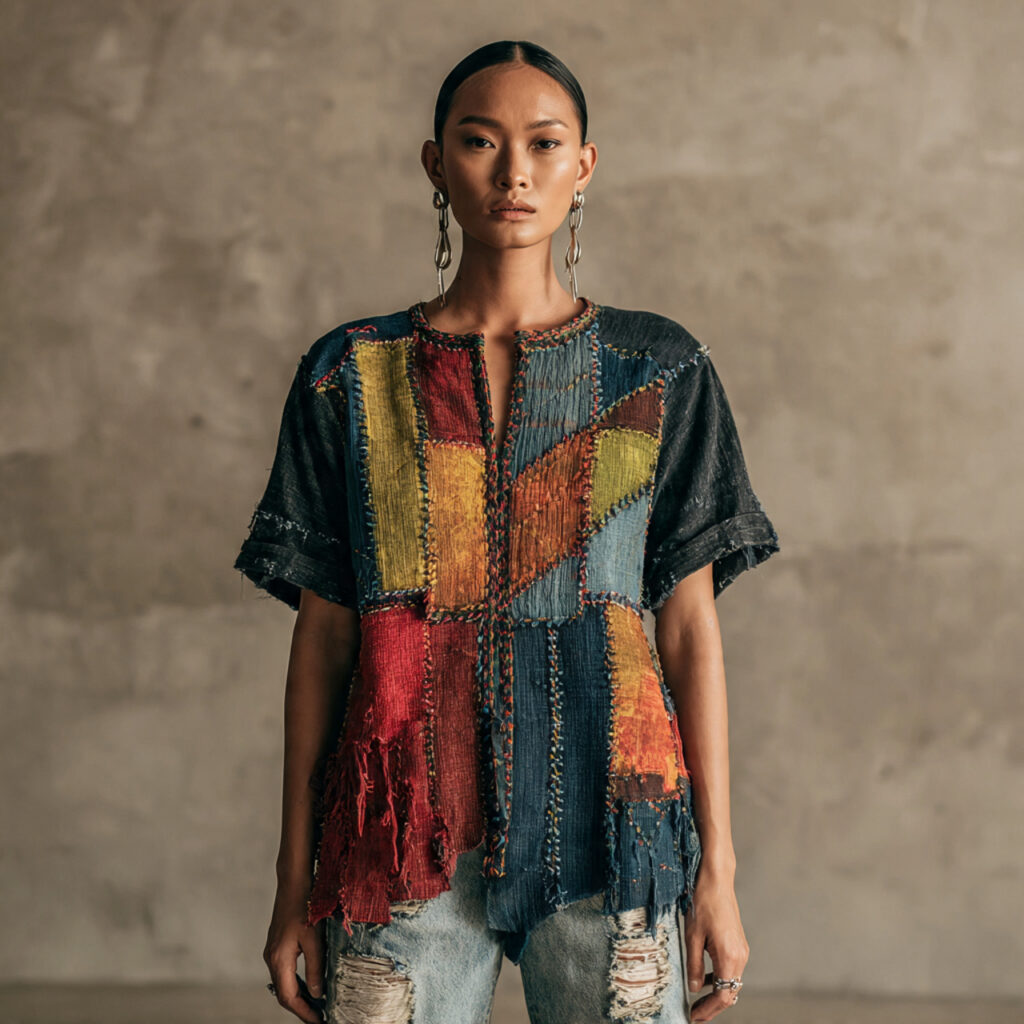 Modern Huipil Inspired Blouse with Distressed Denim