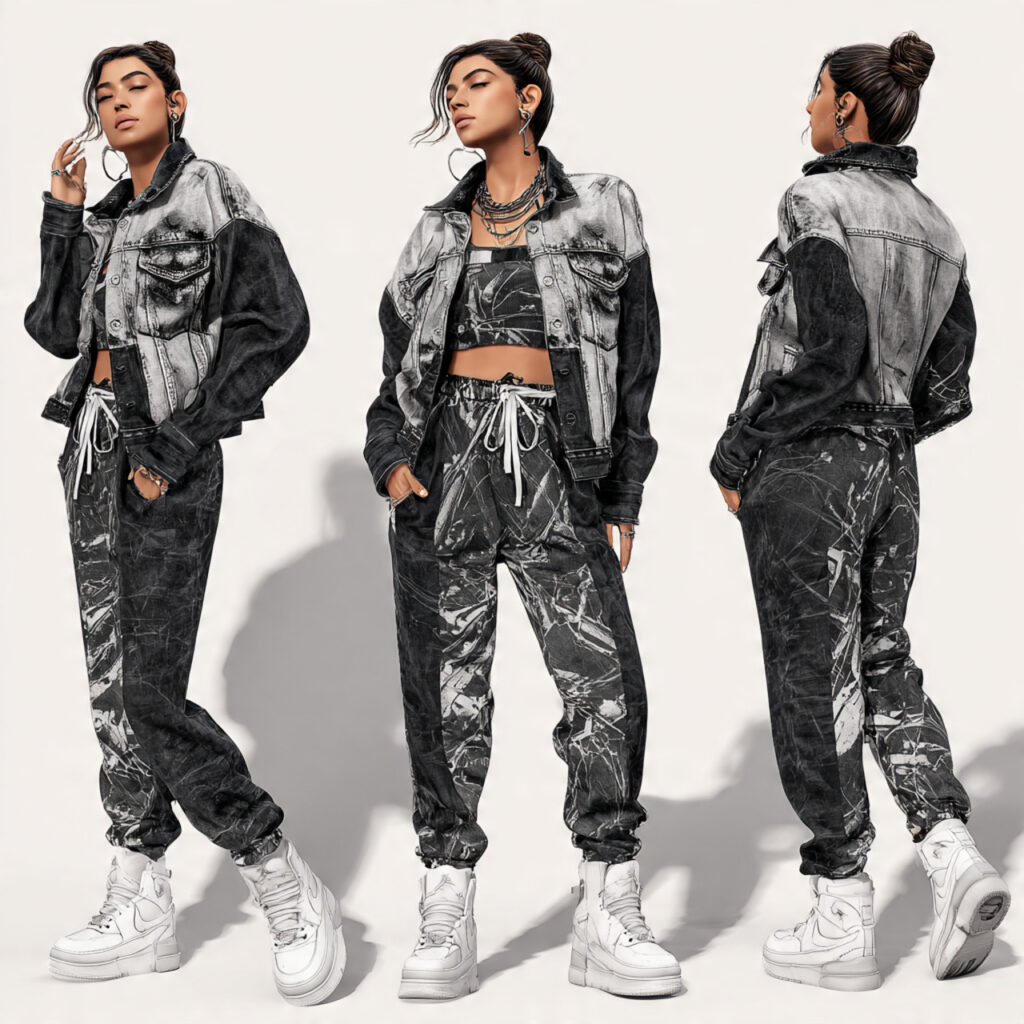 Monochrome Jogger Set with Denim Trucker Jacket