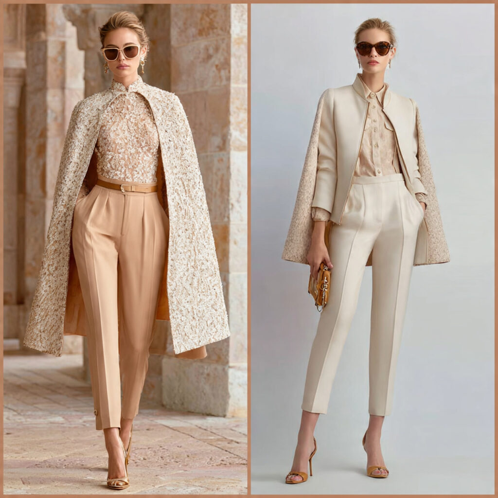 Neutral Capes over Tapered Cigarette Pants