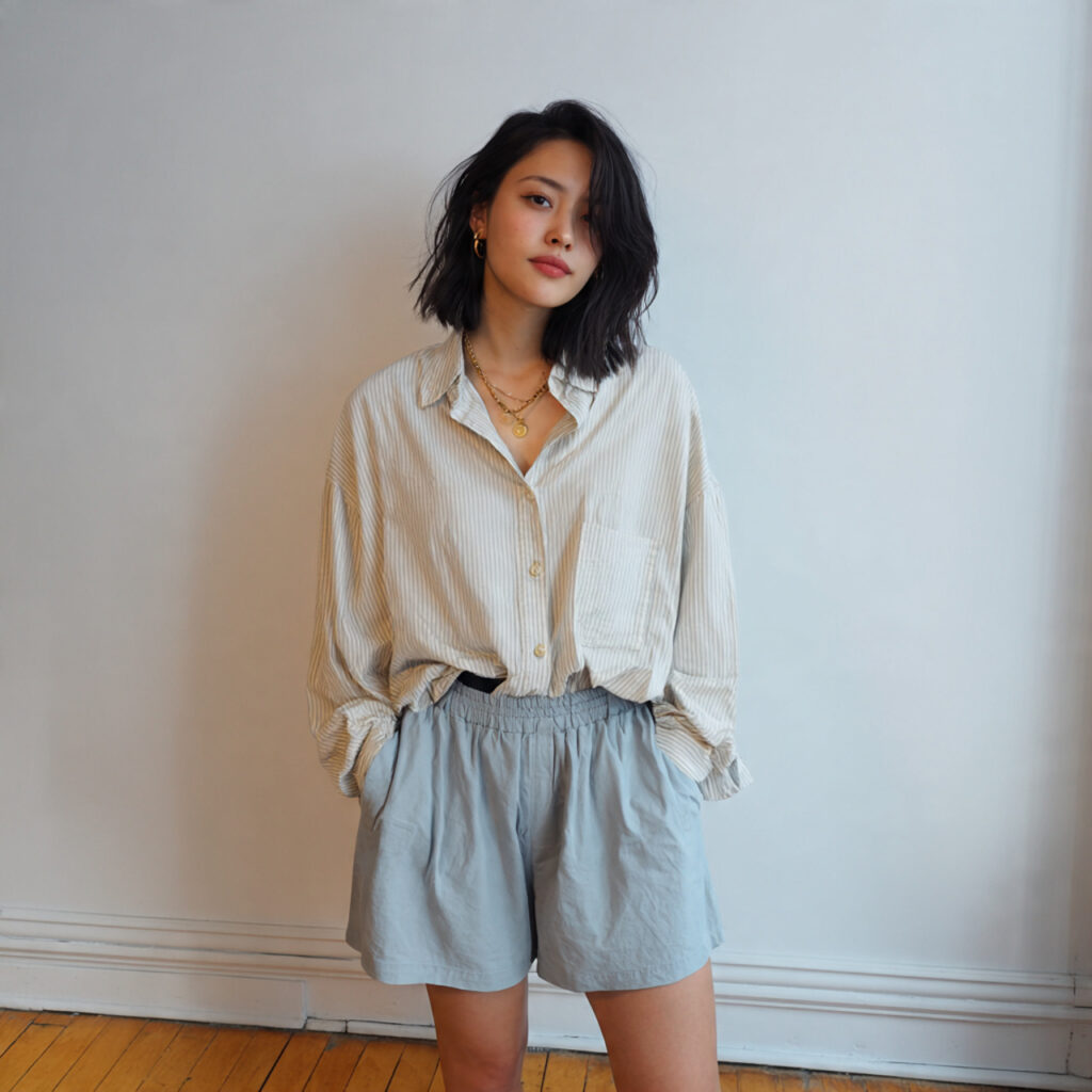 Oversized Button Down Shirts over Biker Shorts