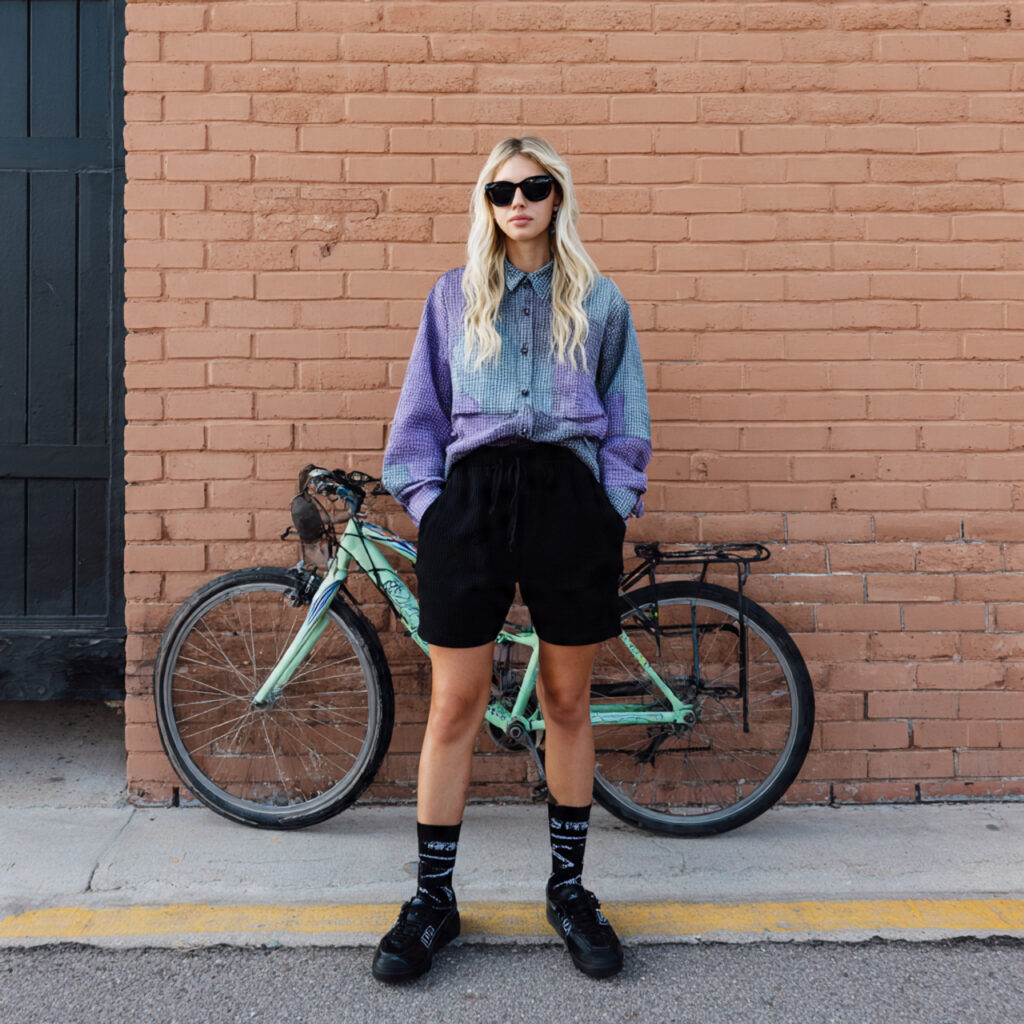 22 Best Fall Transition Outfits Ideas for Effortless Summer-to-Autumn Style 19 Oversized Button Down and Ribbed Bike Shorts