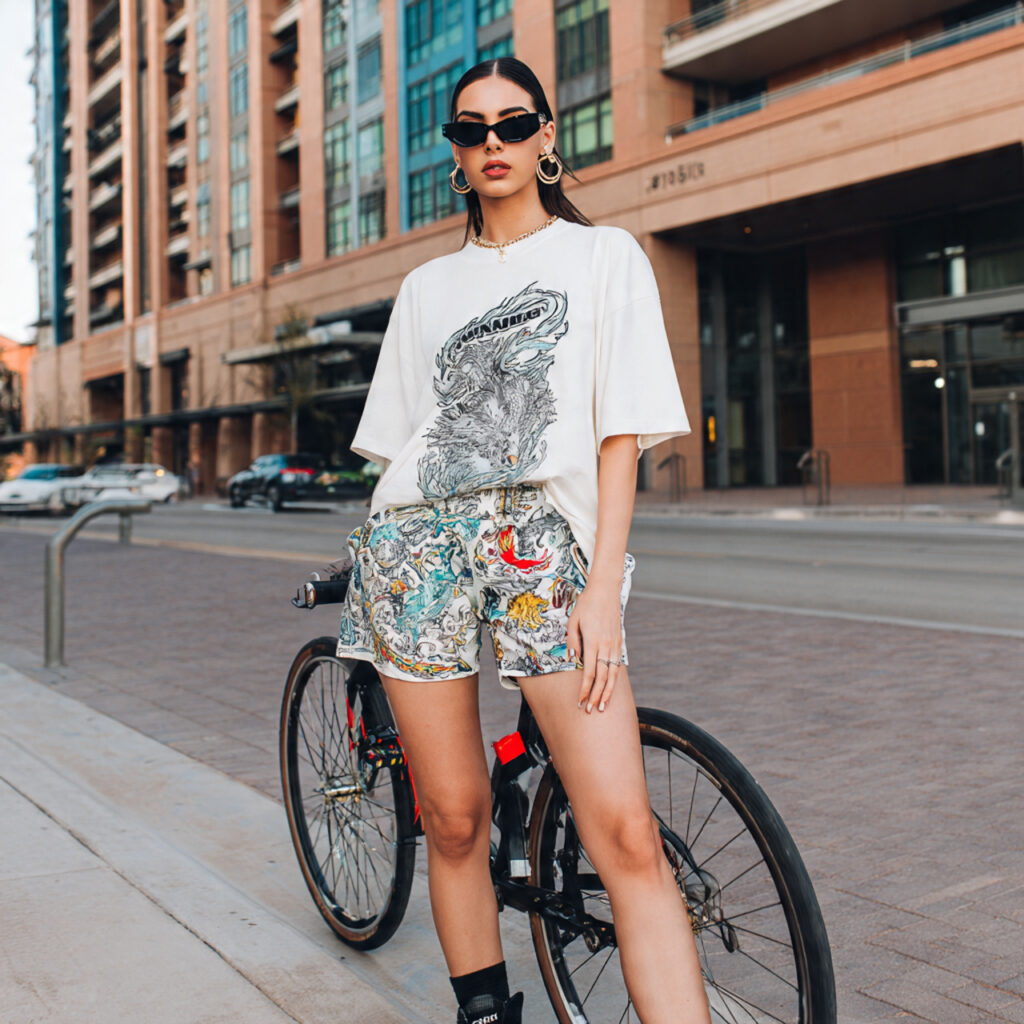 Oversized Graphic Tee with Biker Shorts and Hoops