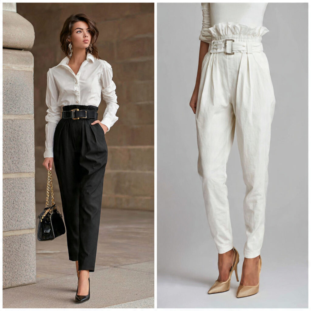 Paperbag Waist Trousers and Tucked Cinched Blouse