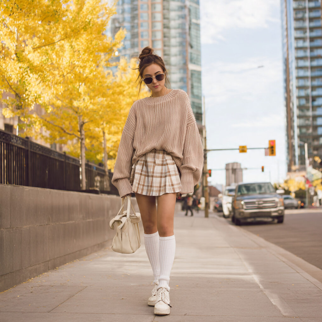 Plaid Pleated Mini Skirt and Oversized Sweater