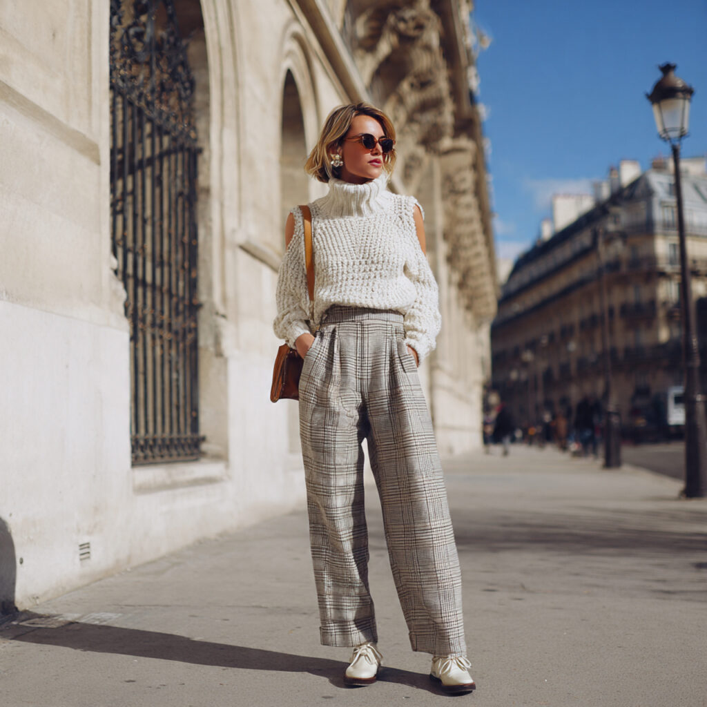 Plaid Trousers and Sleeveless Turtleneck Knit