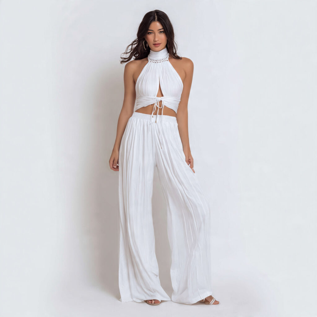 Pleated Palazzo Pants and Halter Neckline
