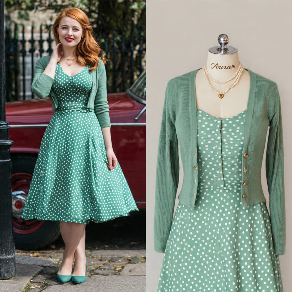 Polka Dot Tea Dress with Cropped Cardigan