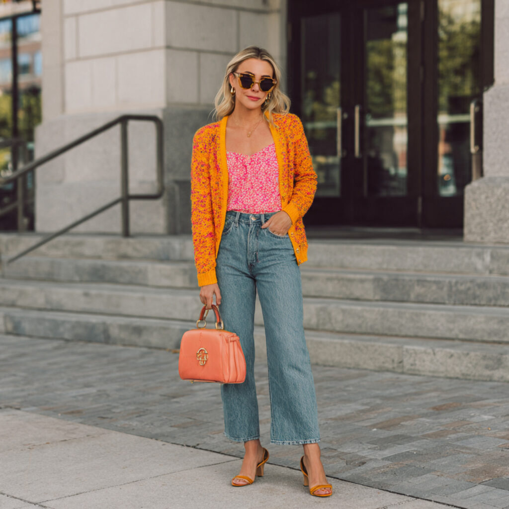 Pop of Color Cardigan with Straight Leg Jeans