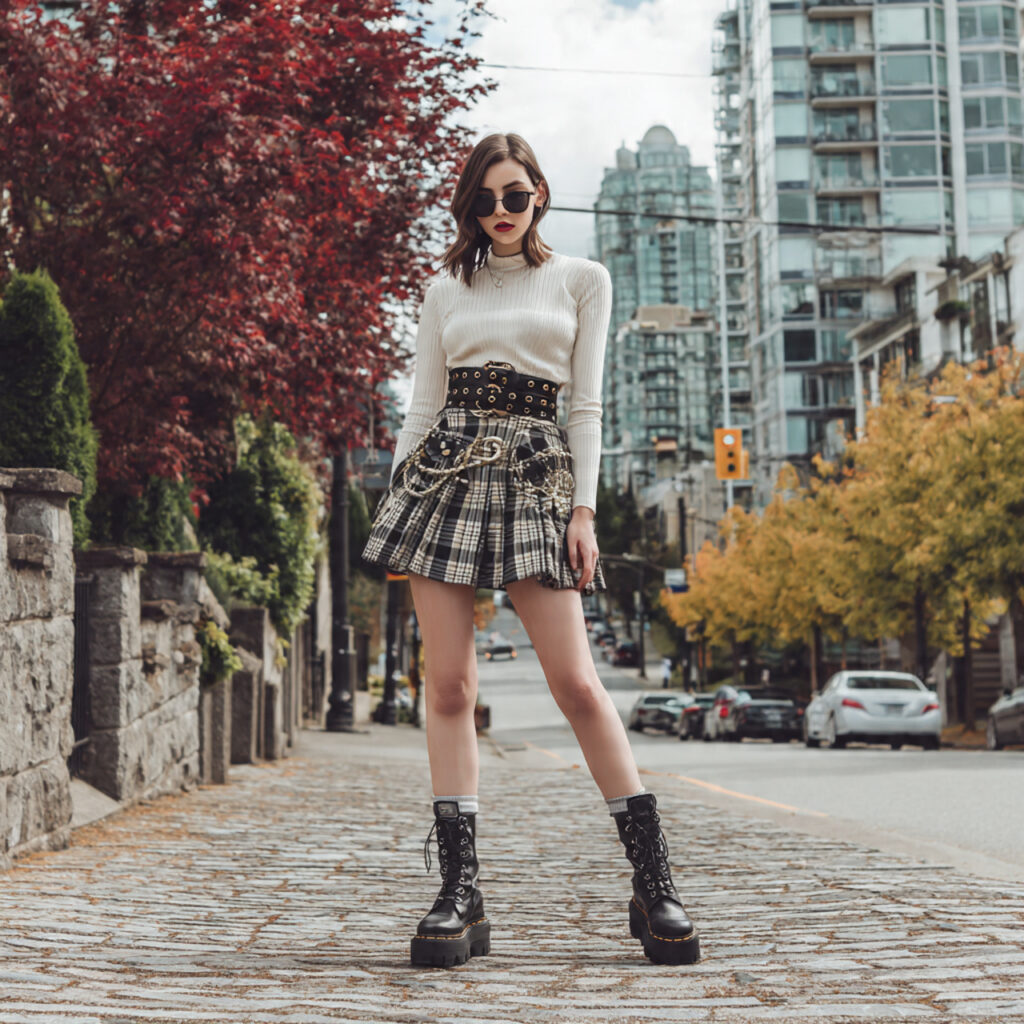 Preppy Plaid Skirt with Statement Belt and Combat Boots