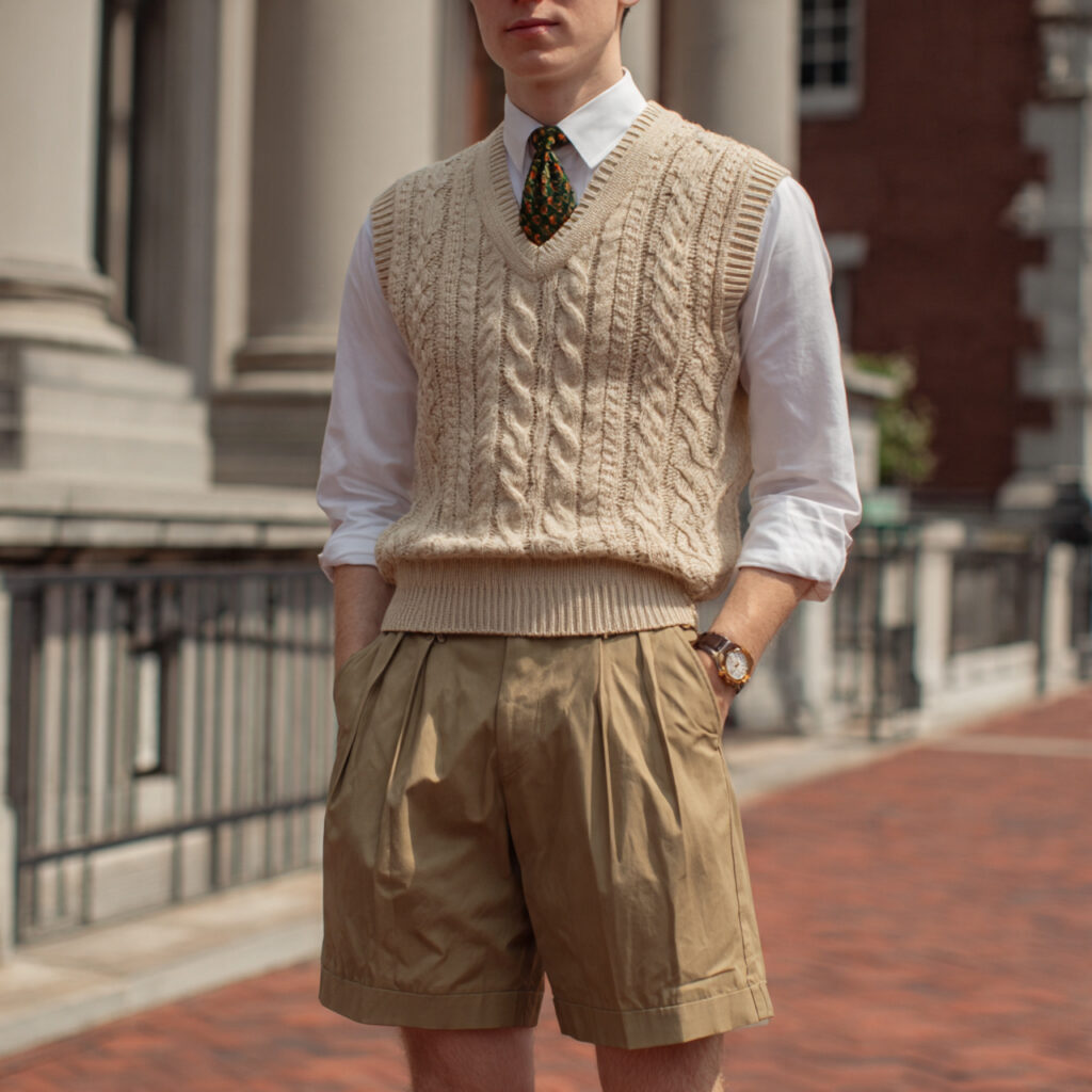 Preppy Sweater Vests with Pleated Khaki Shorts